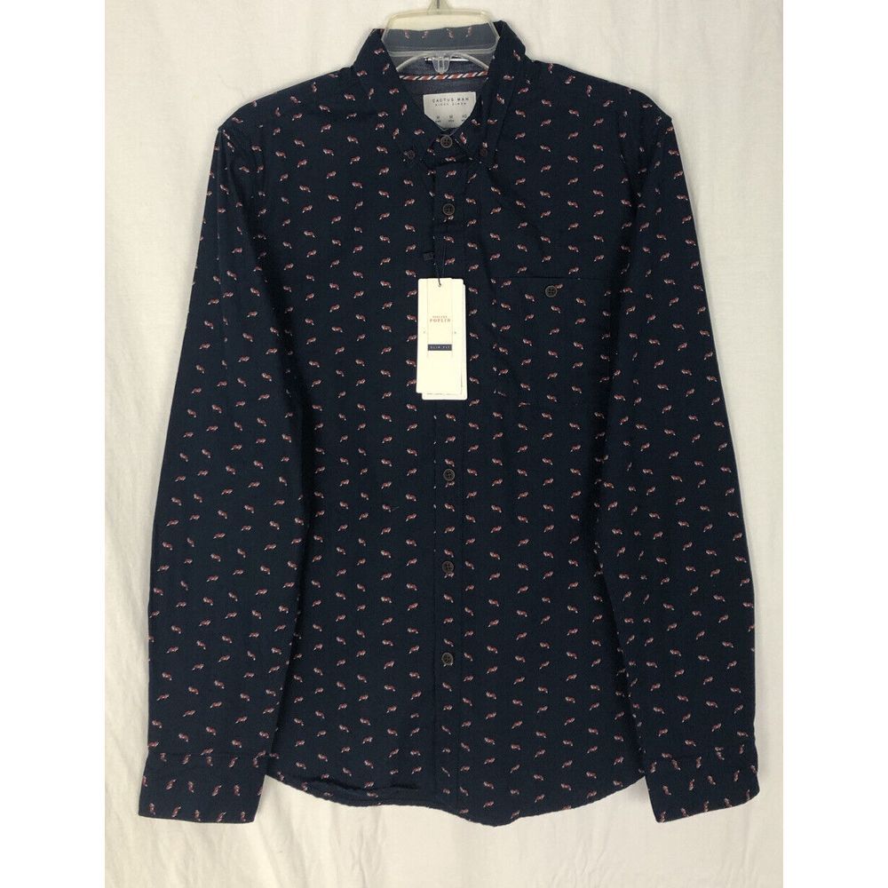 Cactus Man Men Medium Blue Long Sleeve Button Down Fox Slim Shirt Cotton